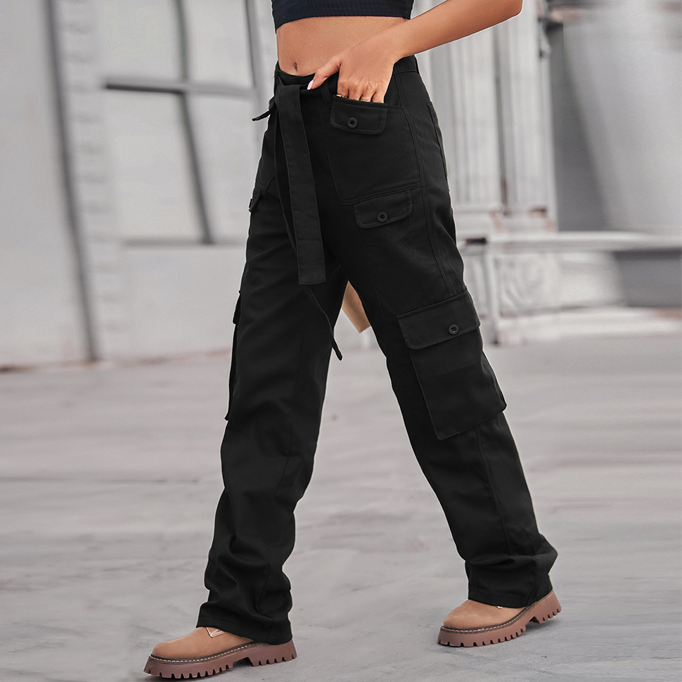 Women Casual Cargo Jogger Pants Denim Multi-pocket Loose Trousers