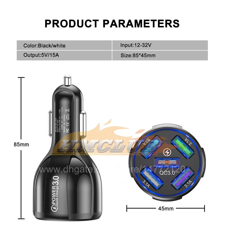 CC261 LED 5 portów USB ładunek samochodowy 15A Szybkie mini szybkie ładowanie dla iPhone'a 12 Xiaomi Huawei Adapter telefonu komórkowego w samochodzie