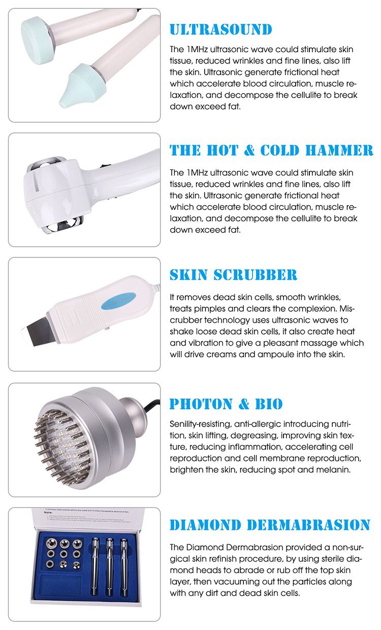 5 In 1 multifunctionele schoonheidsuitrusting Ultrasone huidwasser Diamant Microdermabrasie met echografie-sonde