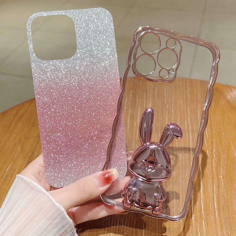 3D Rabbit Holder Bling Glitter Cases For Iphone 14 Pro Max Plus 13 12 11 XR XS X 8 7 Plating Metallic Chromed Plated Luxury Wave Gradient Sparkle Soft TPU Phone Back Cover