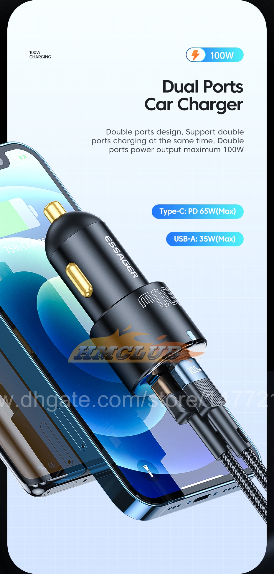 CC387 100W USB Car Charger Quick Charge QC 3.0 PD 3.0 USB Type C Car Fast Charging For iPhone Huawei Samsung Laptops Tablets