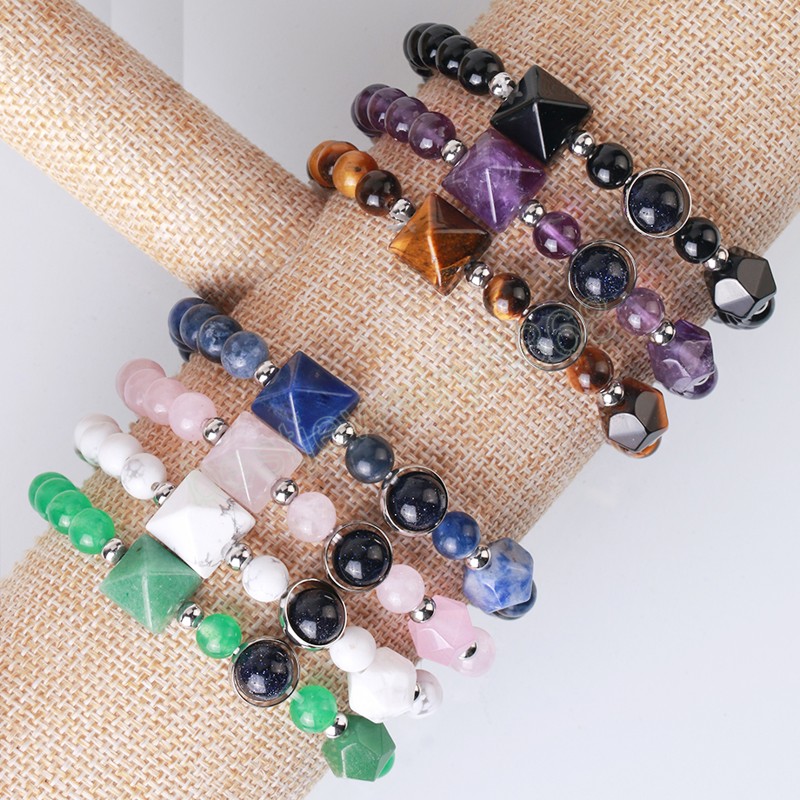 Bracelet en cristaux de 6mm, perles en pierre naturelle, breloques pyramide, Quartz rose, améthystes, bijoux en obsidienne, Bracelets pour femme