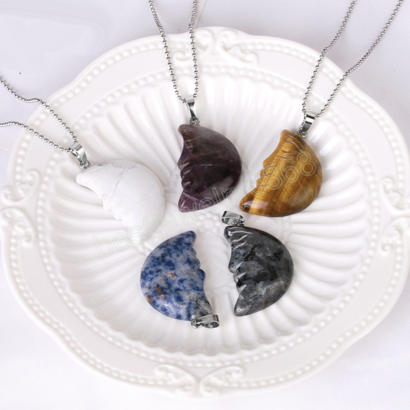 Bohemian Moon Crystal Pendant Halsband Natural Stone Handgjorda snidade ansiktsl￤kning Amethysts Tiger Eye Pendants smycken