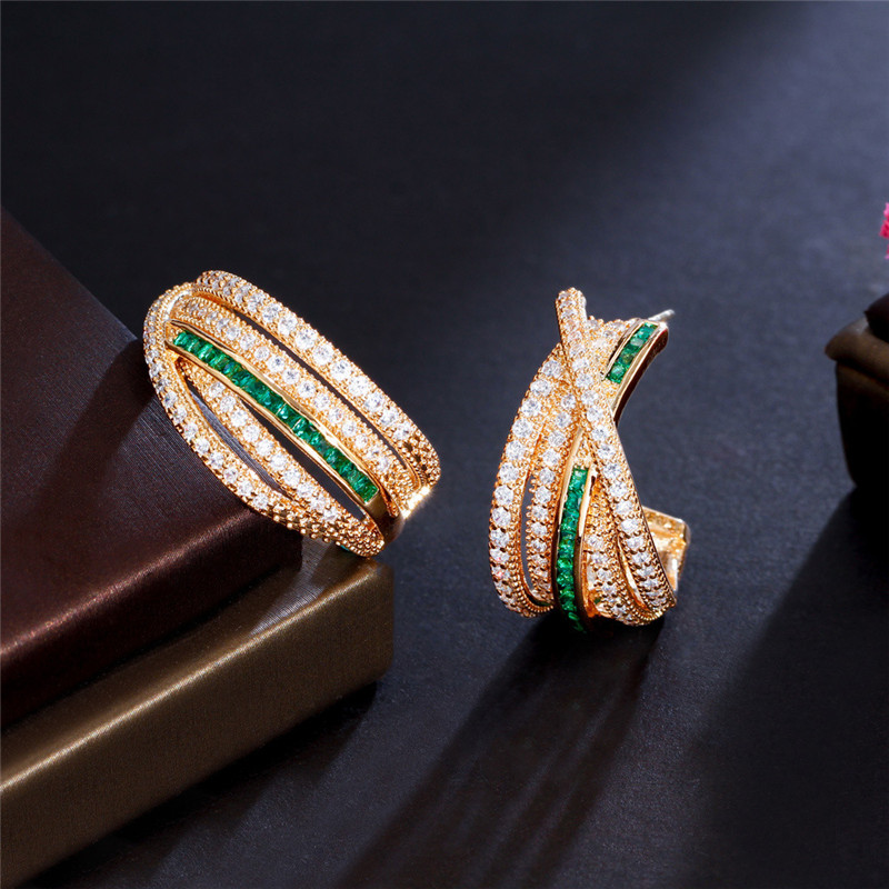 Mode luxueuze sieraden ontwerper Hoop oorbel voor vrouw feest 14K vergulde ronde ronde Emerald Green AAA Cubic Zirconia 925 Silver Post Bridal Wedding Earrings cadeau