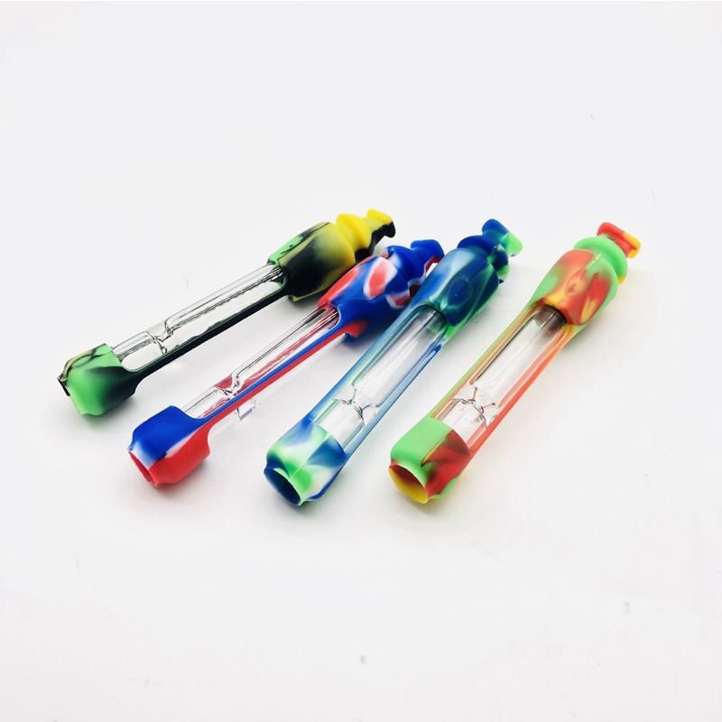 Smoking Colorful Silicone Skin Sleeve Thick Glass Filter Herb Tobacco Pipes Catcher Taster Bat One Hitter Portable Removable Handpipes Hand Cigarette Holder DHL