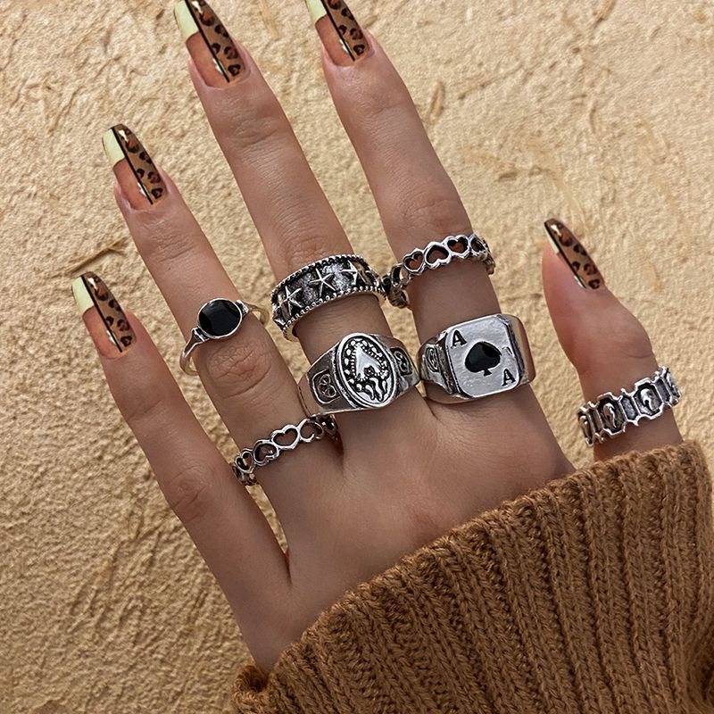حلقات مجموعة الهيبوب خمر اللون الفضي البوكر أنجل الأجنحة خاتم إصبع للنساء بانك القلب الفراشة بوهو خاتم الخاتم