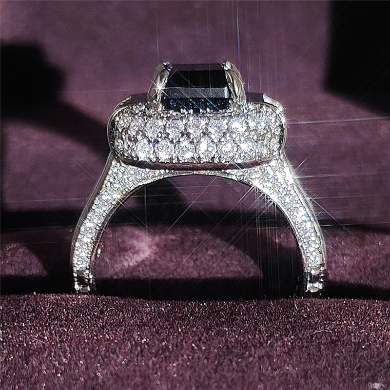 Anéis de casamento de jóias de luxo 925 prata esterlina princesa corte azul safira cz diamante moissanite festa feminino noivado nupcial ri171i