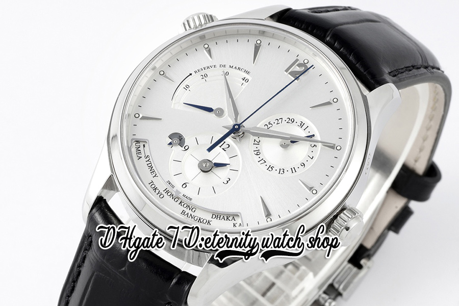 ZF CF1428421 마스터 지리적 GMT MENS 시계 실제 파워 리저브 A939A/1 자동 스테인리스 케이스 실버 다이얼 검은 가죽 스트랩 슈퍼 에디션 영원한 시계