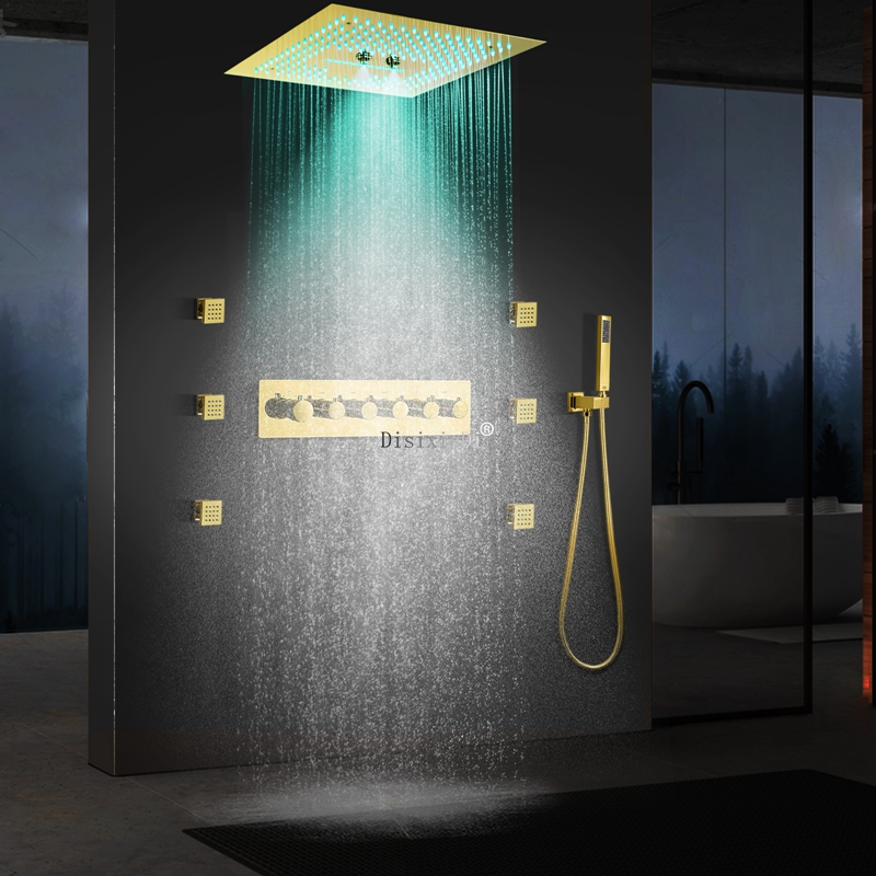 Plafond 400x400mm Ti-gold Rain Waterfall Mist Douche de douche 5 fonctions de douche thermostatique