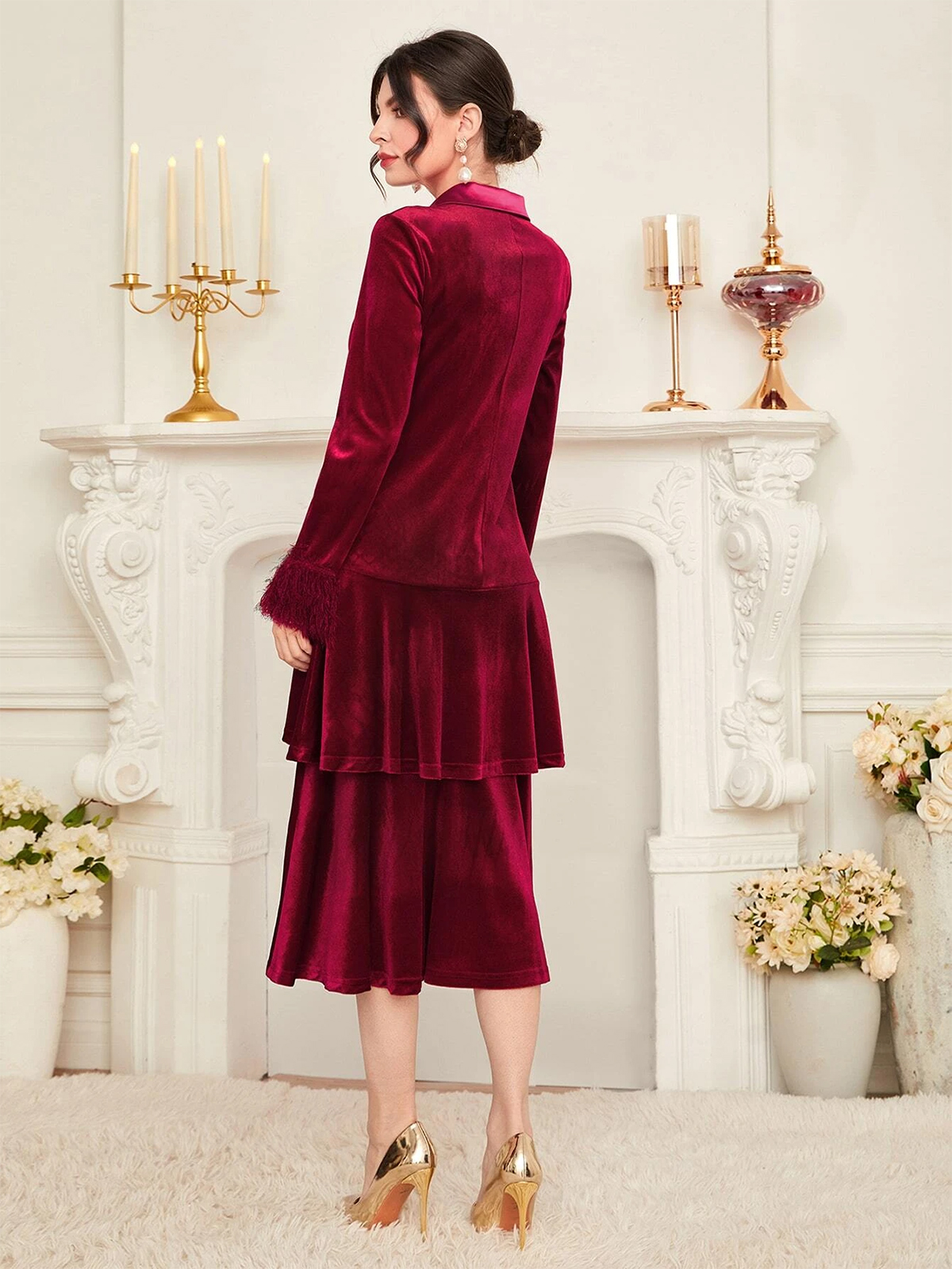 Burgundy Velvet Women Dress Suits V Neck Evening Party Ladies Tuxedos For Wedding Two Pieces Jacket And Skirt