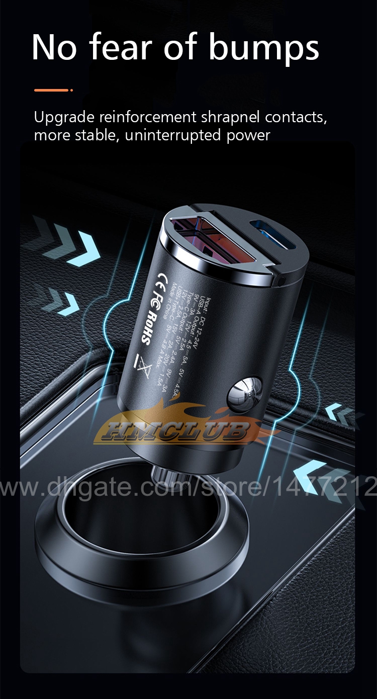 CC399 30W PD CAR Зарядное устройство Dual USB Type C Зарядное устройство Metal Car Зарядка QC3 4.0 Быстрая зарядка для iPhone Samsung Xiaomi Tesla