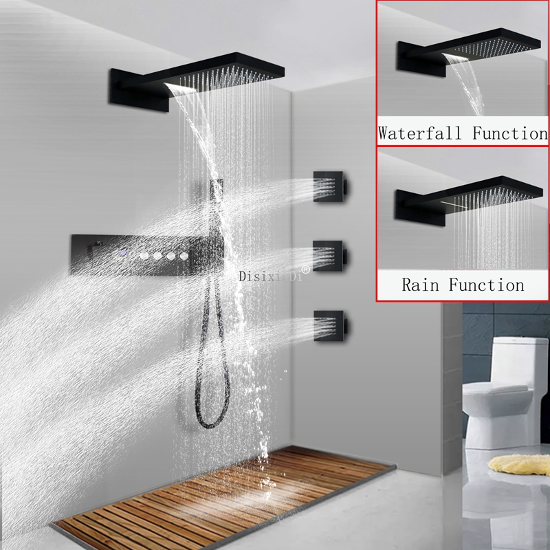 Douchesset badkamer muur gemonteerd mat zwart waterval regen spa thermostatisch douchesysteem
