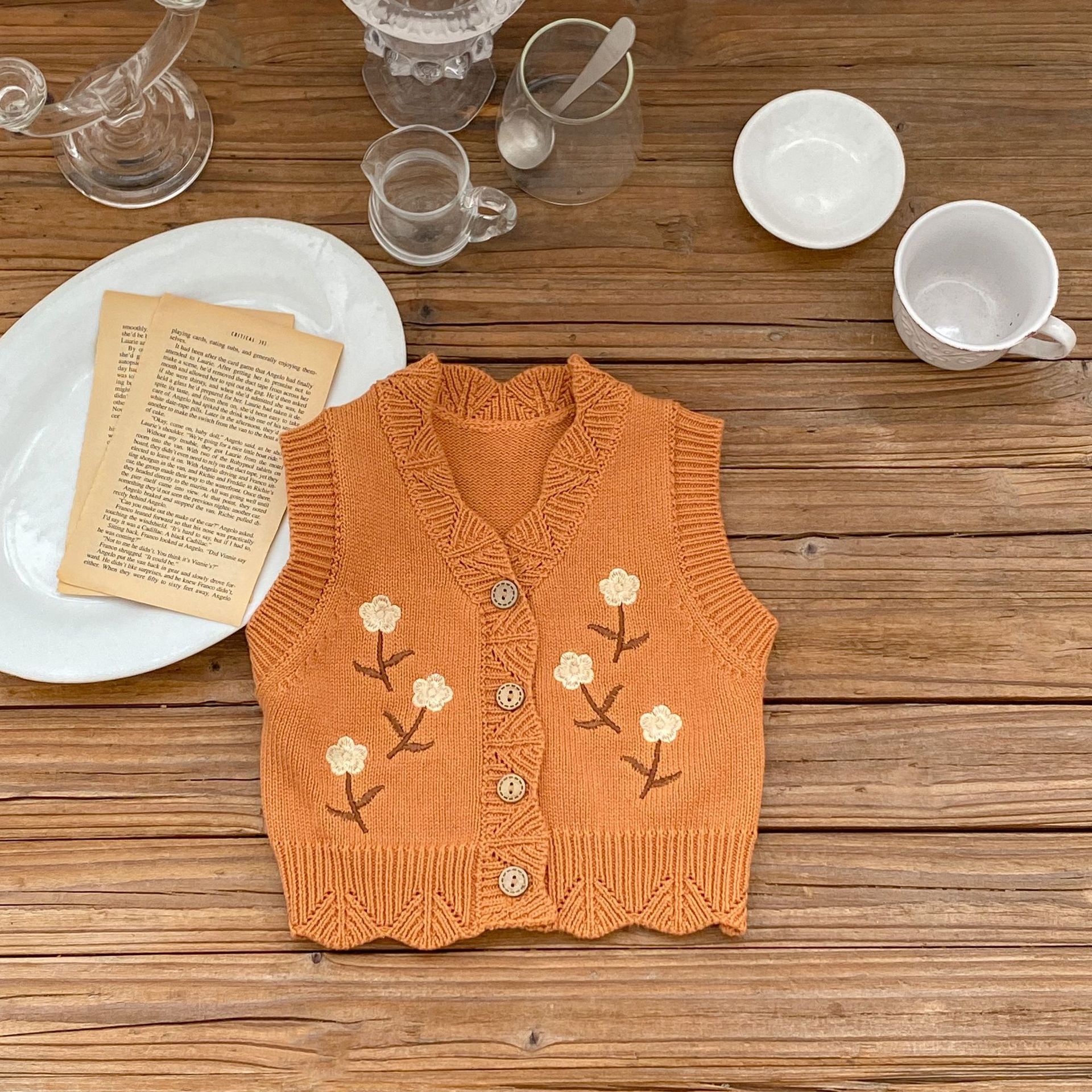 INS bébé enfants vêtements pull gilet col en v tricoté broderie fleur Camel Cardigan 100% coton Boutique fille chandails