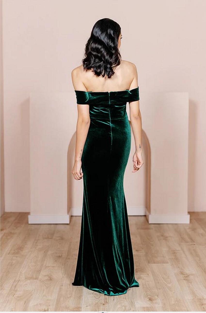 Hunter Green Denizkızı Nedime Elbiseleri Artı Boyut Kapalı Omuz Kezleri Kadife Zemin Uzunluğu Onur Gowns Düğün Konuk Resmi Elbise Özel Yapım