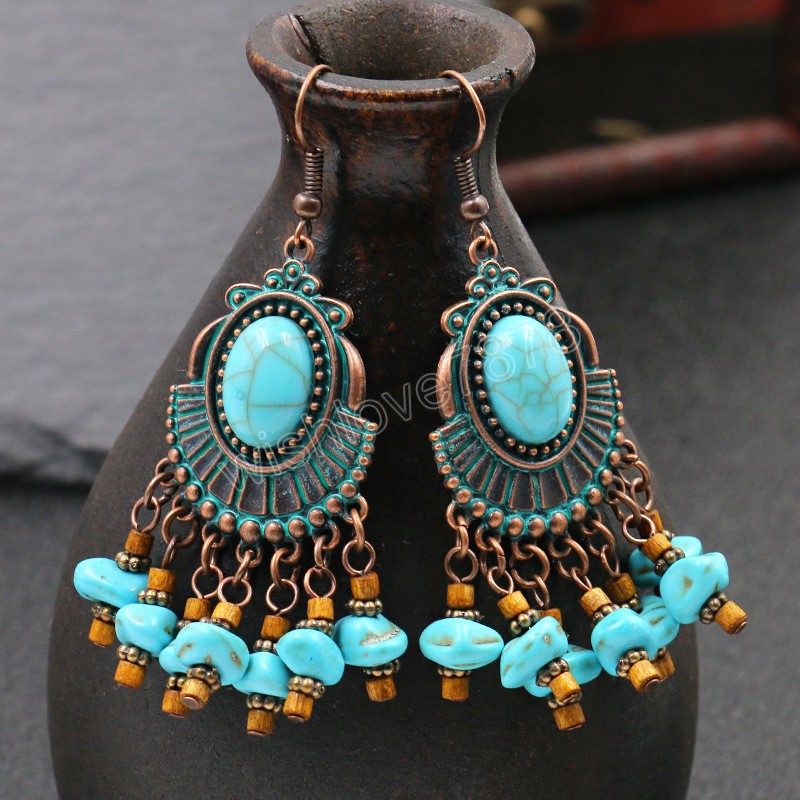 Vintage Bohemian Drop Dangle Earrings for Women Blue Stone Tassel Handmade Jewelry Ethnic Boho Geometric Statement Earrings