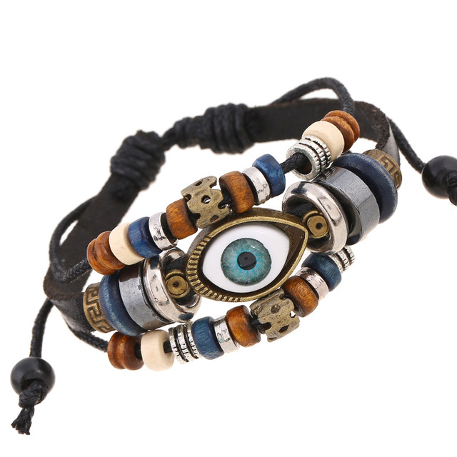 Läderpärlor Eyes Charm Armband för kvinnor Vintage Handgjorda flerskiktsväv Snap -knapparmband