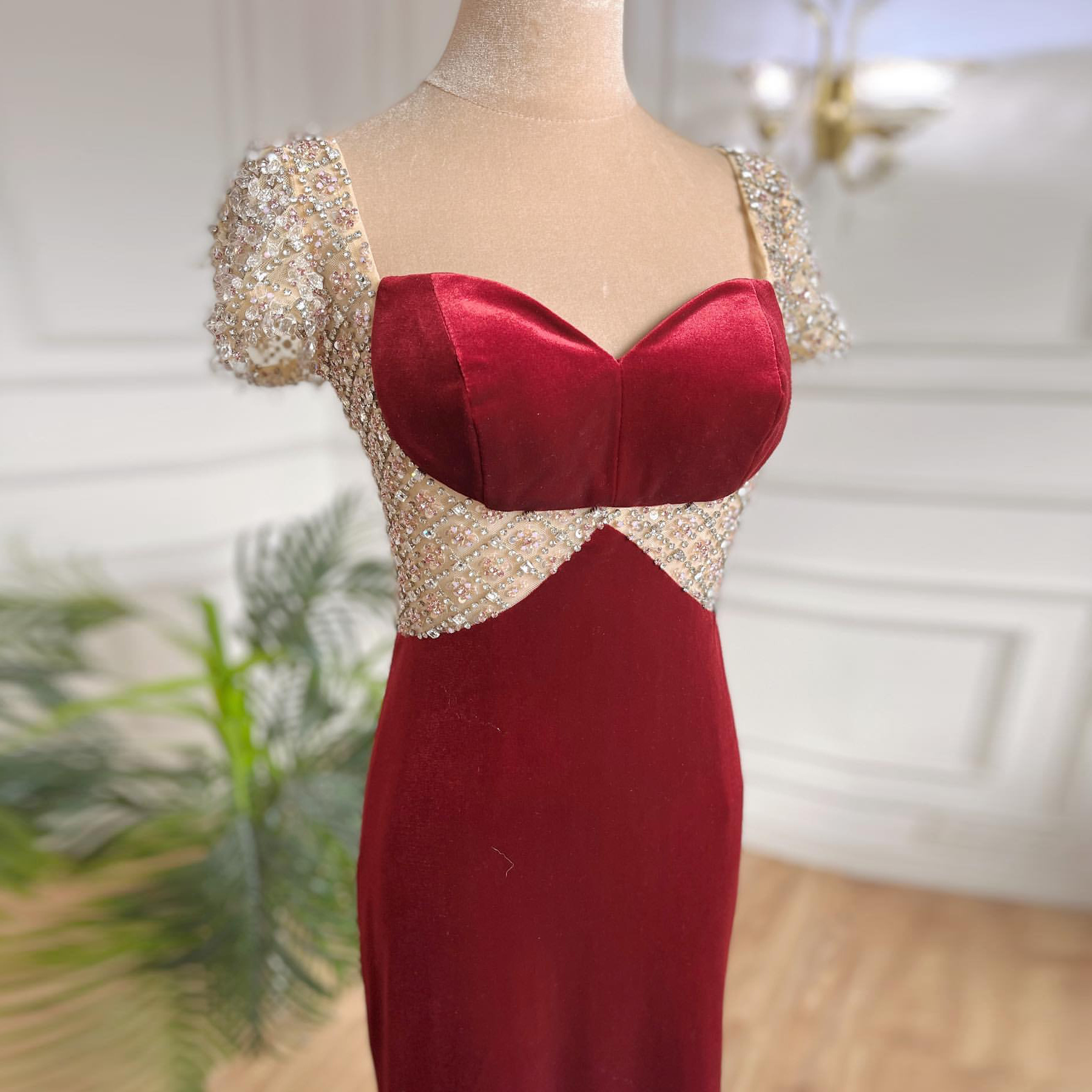 Elegante rode prom -jurk voor dames fluwelen kralen sweetheart korte mouw lange avondfeest formele jurken gewaad de mariage