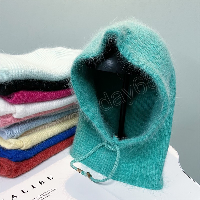 Plain Solid Warmer Cap Rabbit Fur Womans Hats Unisex Knitted Hooded Neck Collar Adjustable Elastic Hat Gorros Mujer