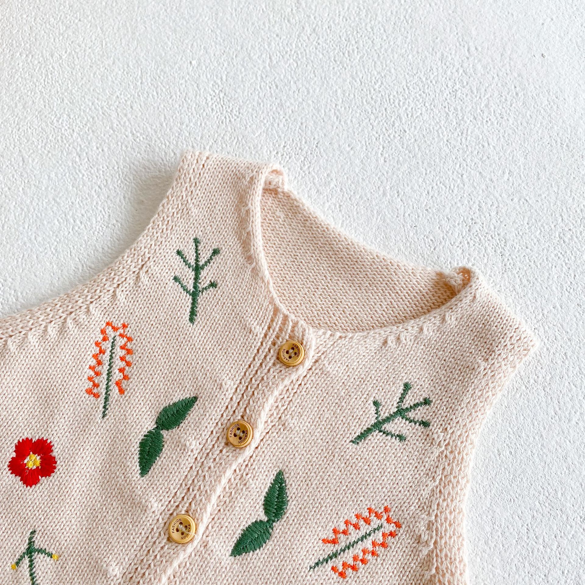 INS baby kids clothing sweater Vest O-neck Knit Beige Flower Embroidery Cardigan sweater 100% Cotton