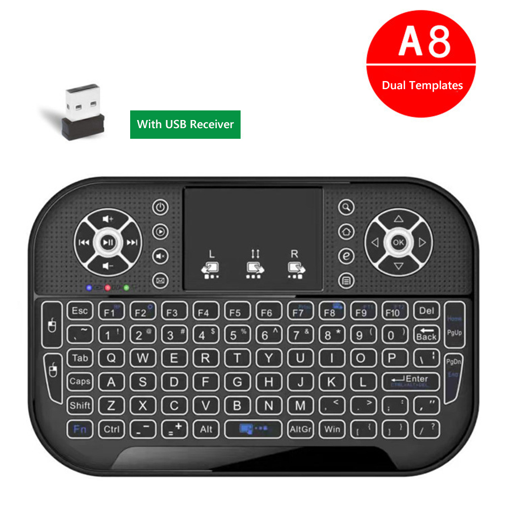 A8 MINI 2.4G لوحة المفاتيح اللاسلكية الإضاءة الخلفية Bluetooth Air Mouse التحكم عن بُعد لـ SMART TV Box Desktop PC PC