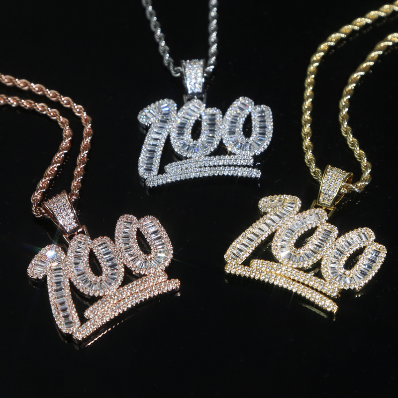 New Hip Hop pendant Iced Out Bling Full Paved Cubic Zirconia Cz 100 Letter Pendant Necklaces for Men Women Cuban Link Chain jewelry