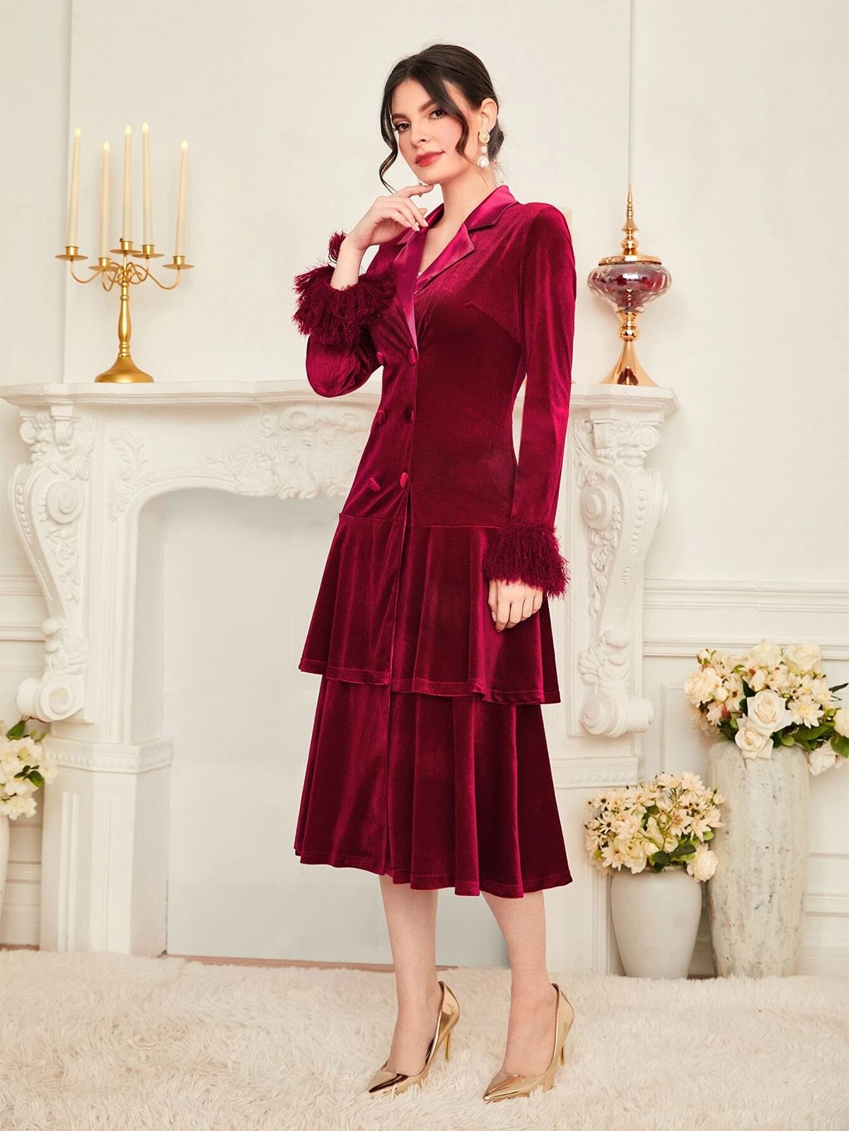 Burgundy Velvet Women Dress Suits V Neck Evening Party Ladies Tuxedos For Wedding Two Pieces Jacket And Skirt