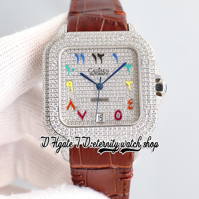 TWF TW0039 M8215 Automatyczna męska zegarek 40 mm mrożony Diamentowy ramka Piegowana diamenty Tarbbow Markery arabskie czarny skórzany pasek 2022 Super Edition Eternity Watches