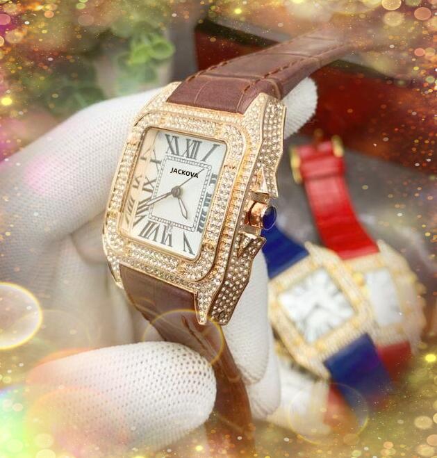 Couple Mode Femmes Homme Montres À Quartz De Haute Qualité Carré Diamants Romains Bague Cas De Luxe Top Design Ceinture En Cuir Horloge Nice table243h