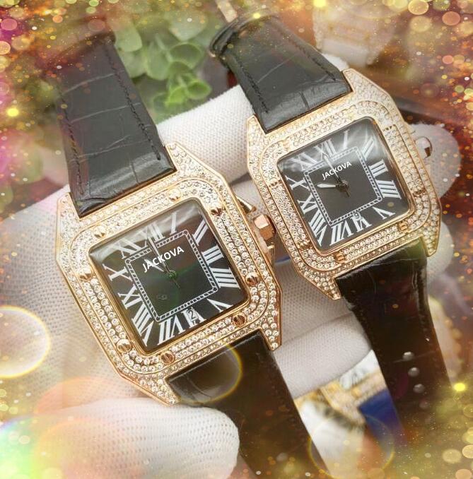 Couple Mode Femmes Homme Montres À Quartz De Haute Qualité Carré Diamants Romains Bague Cas De Luxe Top Design Ceinture En Cuir Horloge Nice table243h