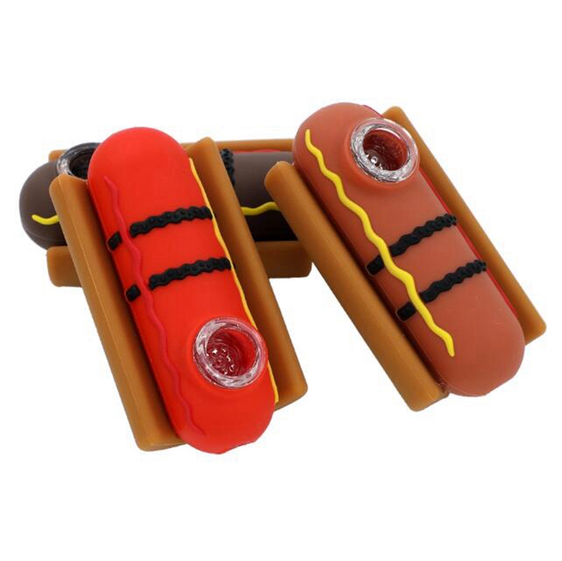 Silicone Coloré Hotdog Saucisse Style Pipes Herbe Tabac Huile Rigs Verre Poreux Trou Filtre Bol Portable Handpipes Fumer Porte-Cigarette Tube En Gros DHL