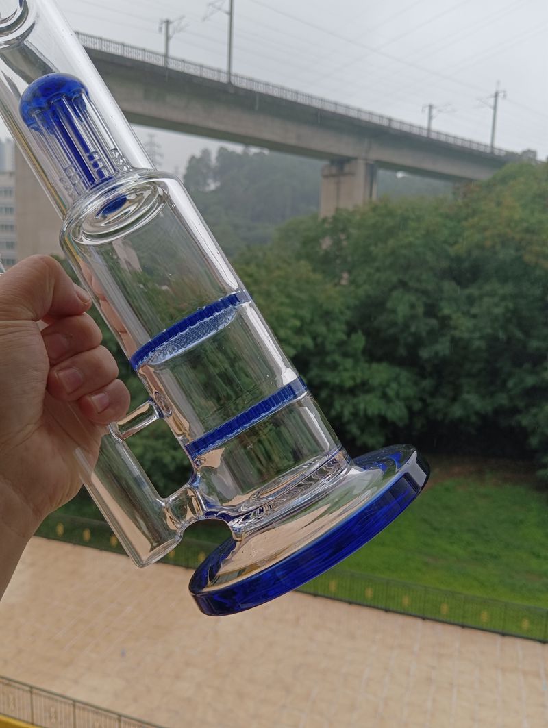 Narguilé à eau en verre bleu avec double bras en nid d'abeille Tree Perc Dab Rigs Recycler Bubbler