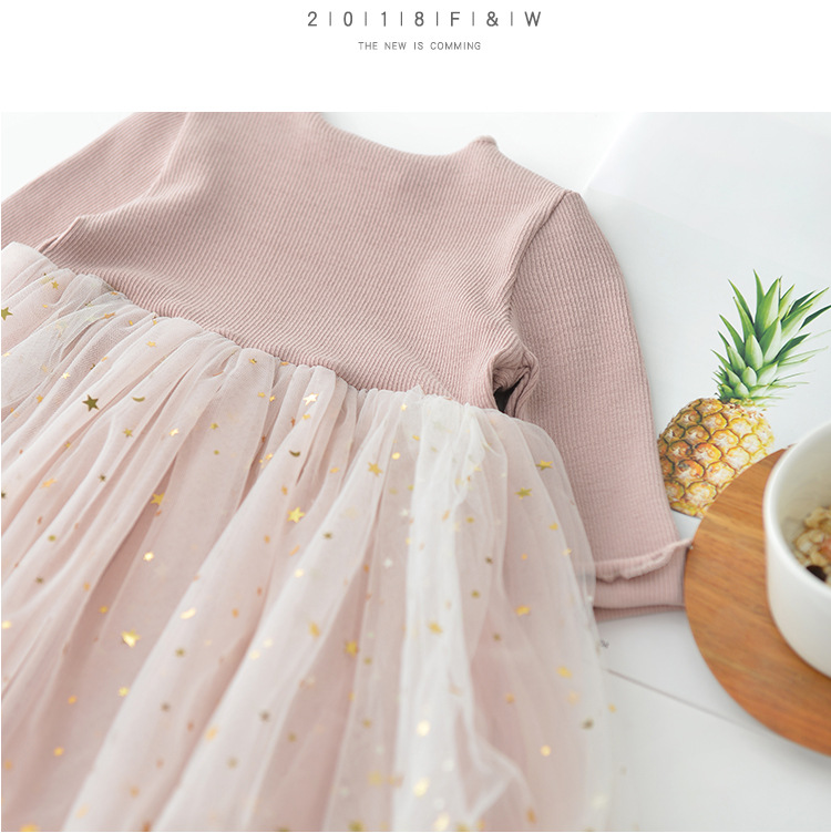 Ins Korea Lovely Girl Clothing-jurken Lange mouw Star Mesh Patchwork Dress voor Spring Fall Solid Color Princess Deskleding 6M-4T