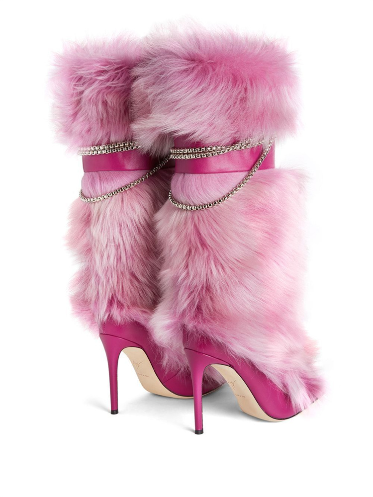 Stivali a punta al ginocchio con catena fucsia alta in pelliccia Stivali sexy di lusso in pelle da donna Stivaletti con fibbia tacco alto sottile Scarpe da donna rosa moda