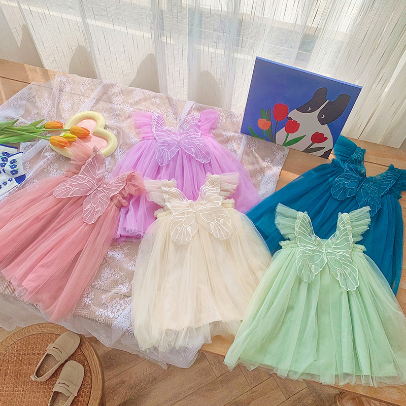 Ins New girls Clothes Dresses Lolita Back Butterfly Design بلا أكمام شبكة الأميرة اللباس الصيف فتاة الملابس اللباس