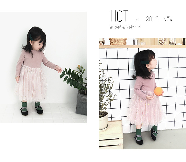 Ins Korea Lovely Girl Clothing-jurken Lange mouw Star Mesh Patchwork Dress voor Spring Fall Solid Color Princess Deskleding 6M-4T