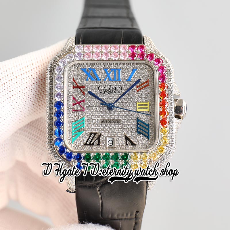 TWF TW0039 M8215 Montre automatique pour homme 40 mm Rainbow Iced Out Big Diamond Bezel Pavé de diamants Couleur du cadran Marqueurs arabes Bracelet en cuir Super Edition Montres d'éternité