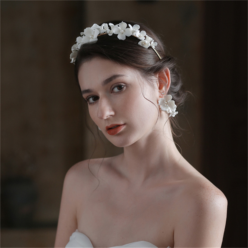 Hochzeit Braut Keramik Blume Blumen Stirnband Perle Haarband Krone Tiara Prinzessin Königin Festzug Kopfschmuck Haarschmuck Ohrringe Schmuck Set