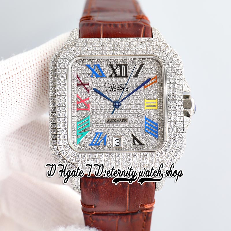 TWF TW0010 M8215 ALTERAÇÃO AUTOMÁTICA DE Mens Relógio de 40 mm de diamante de diamante de diamante Diamond Pavimented Marcadores de arábica Marcadores Brown Strap 2022 Super Edição Eternity Watches