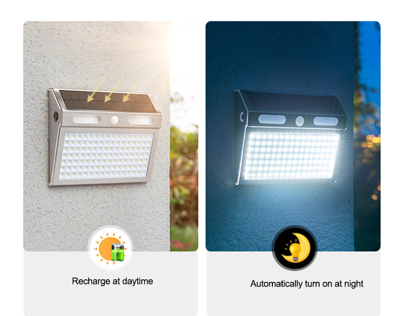 112LED Lampade da parete solari Acciaio inossidabile Durevole 4 modalità Sensore PIR Luci Illuminazione di sicurezza luminosa esterni porta d'ingresso