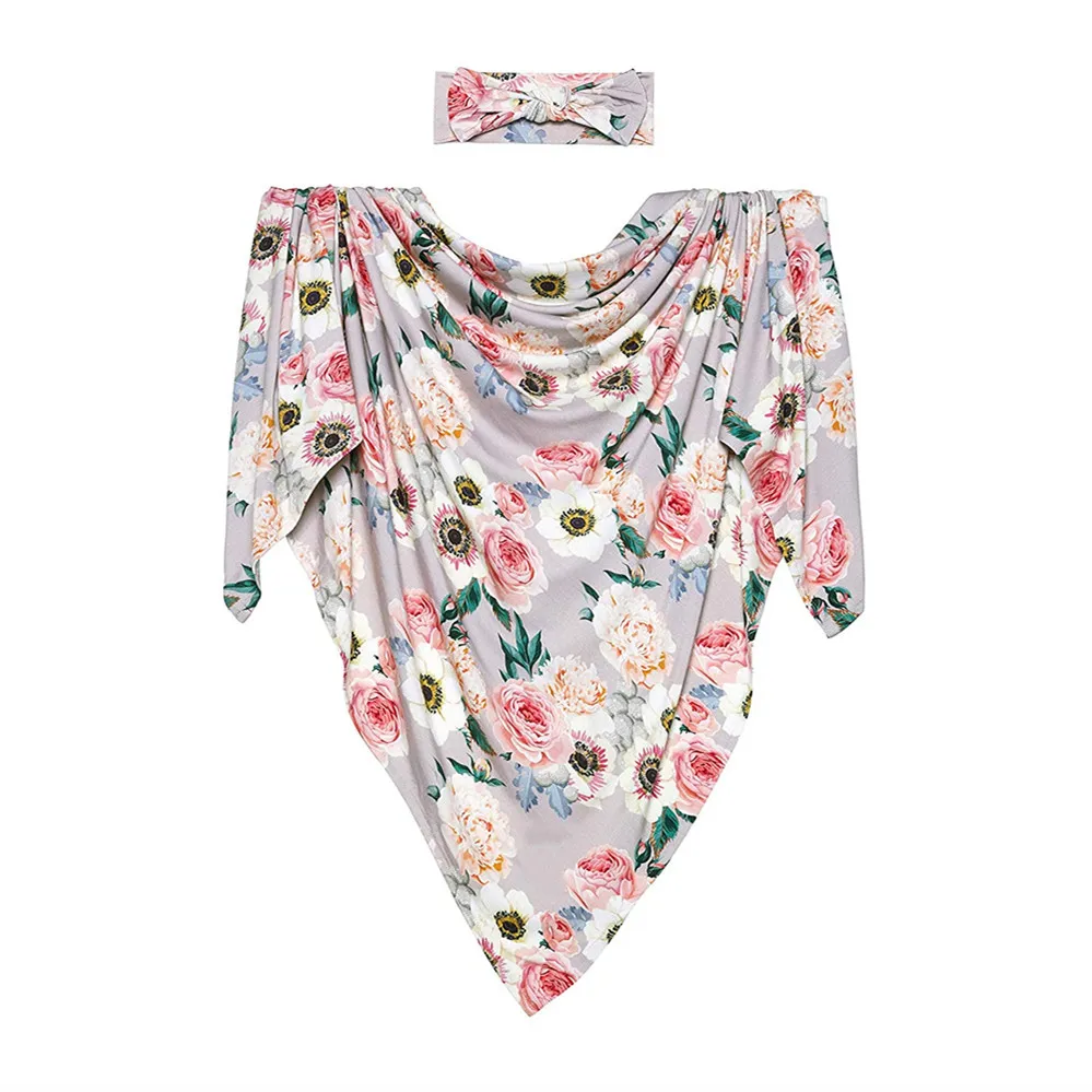 Spädbarn baby swaddle wrap filt tecknad fruktblommor wraps filtar barnkammare sängkläder barn inslagna cotton trasa med pannband eller hatt 2 st