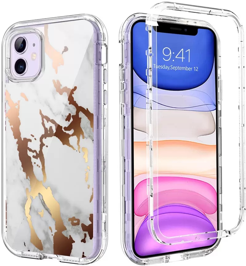 Luxury 3in1 Marble Cases For Iphone 11 12 13 14 Pro Max Three Layer Heavy Duty Protection Transparent Clear Cover For Samsung S22 Ultra S21 FE Note 20