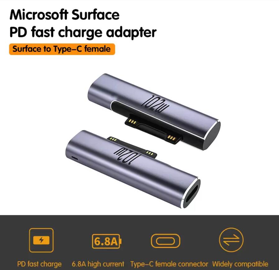 65W Adaptadores de PD do tipo USB tipo C 102W 15V 6.8A Conversor de plugue de carregamento r￡pido para Microsoft Surface Pro 3 4 5 6 7 8 GO USB-C Feminino Adaptador Chargers Book