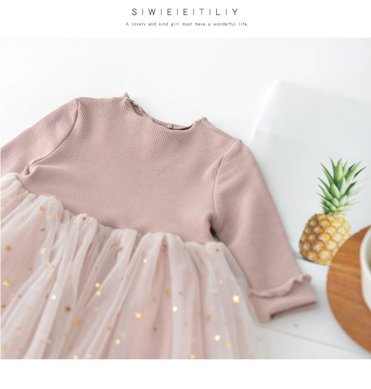 INS Korea Lovely Girl Clothing Dresss Long Sleeve Star 메쉬 패치 워크 드레스 봄 가을 단색 공주 옷 6m-4t