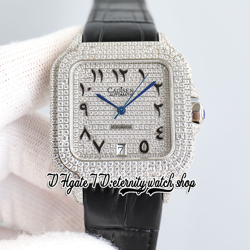 TWF TW0013 M8215 Automatyczna męska zegarek 40 mm Rainbow Iced Out Big Diamond Bezel Paved Diamonds Dial Black Arabic Markery skórzane paski Super Edition Eternity Watches