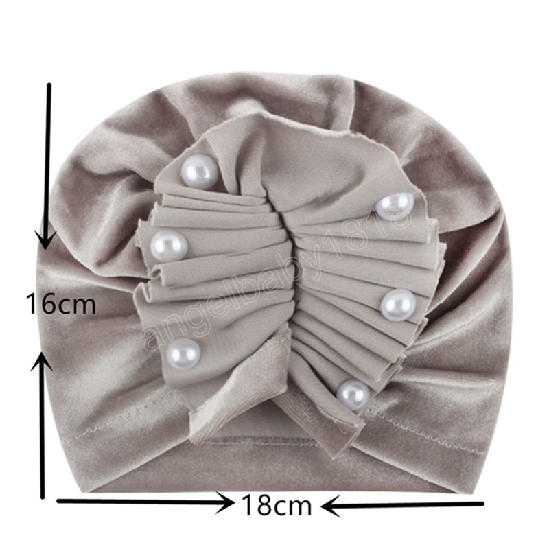 Solid Color Folded Pearls Flower Baby Hats 18x16 CM Gold Velvet Infant Caps Children Outdoor Warm Bonnet