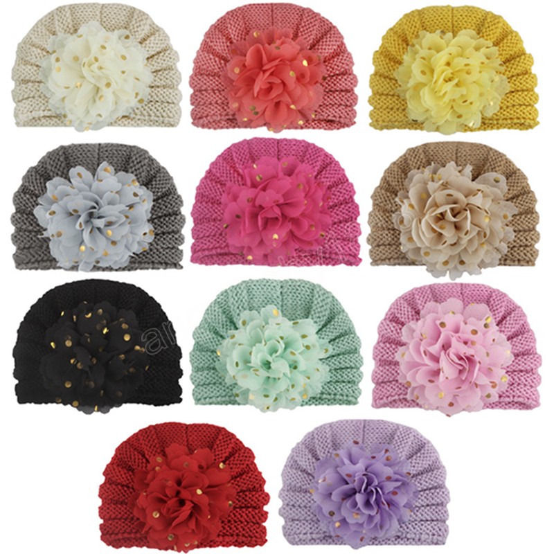 Solid Color Striped Knitted Wool Baby Girl Hat Fashion Handmade Chiffon Flower Caps with Golden Dots Outdoor Warm Bonnet