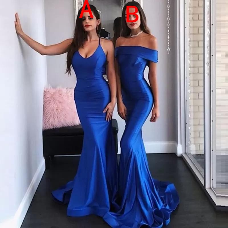 2023 Sexy Arabe Bleu Royal Longues Robes De Demoiselle D'honneur Pour Les Mariages Hors Épaule Halter Sirène Partie Balayage Train Maid Honor Robes Élastique Satin Dos Nu