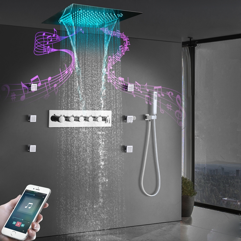 Chrome Polished Bath & Shower Faucets Wall Mounted LED Rain Shower Head System Set with Thermostatic Mixer