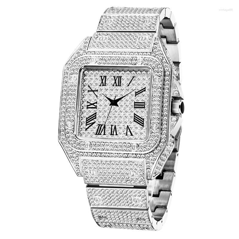 Wristwatches Luxury Moissanite Iced Out Watches Hip Hop Bust Down Unisex Diamond Watch Stainless Steel Studded Wrist3395