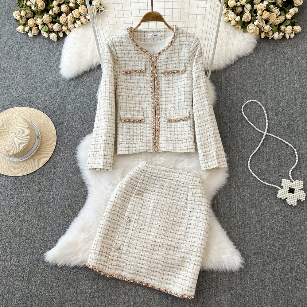 Femmes col en v perles gemme paillette patché tweed lurex manteau et jupe courte twinset 2 pièces robe costume SMLXLXXL